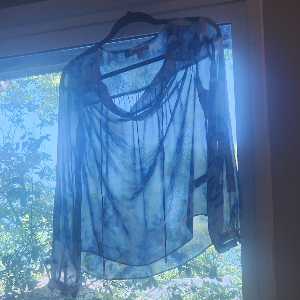 Jennifer Lopez Blue Sheer Blouse string tie Silver Buttons on Sleep - Picture 2 of 11